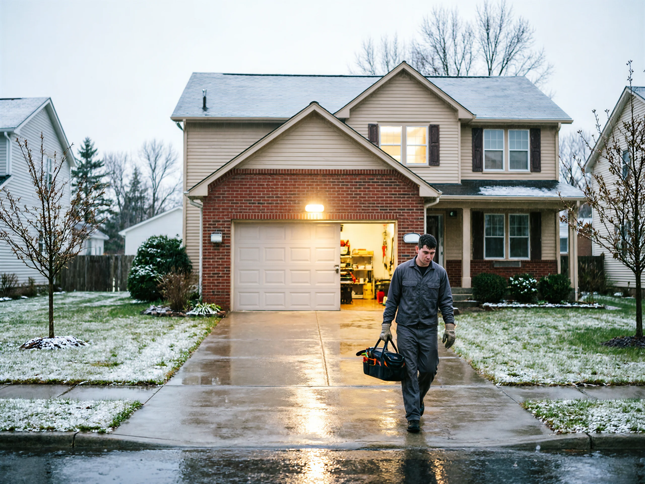 A technician in a gray uniform carries a black toolbox on a wet driveway.