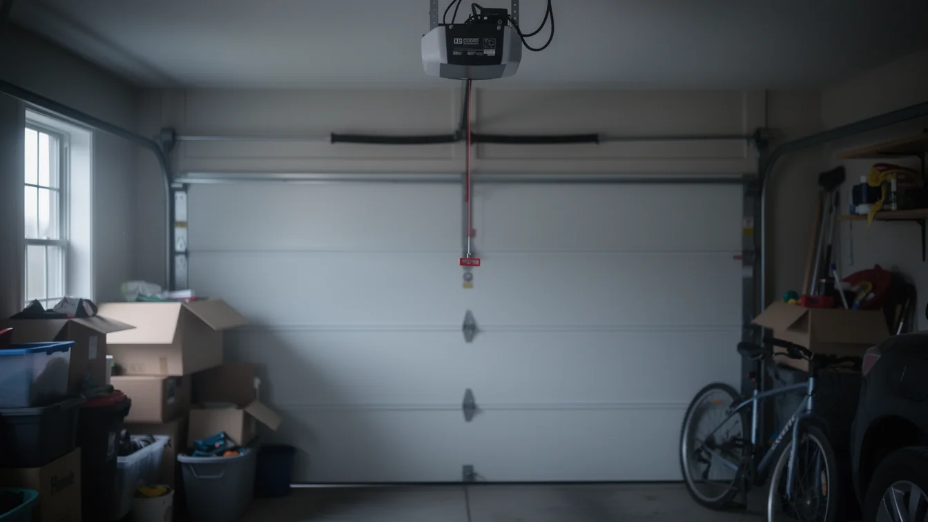 The garage door is closed, with an opener and torsion springs visible above it.