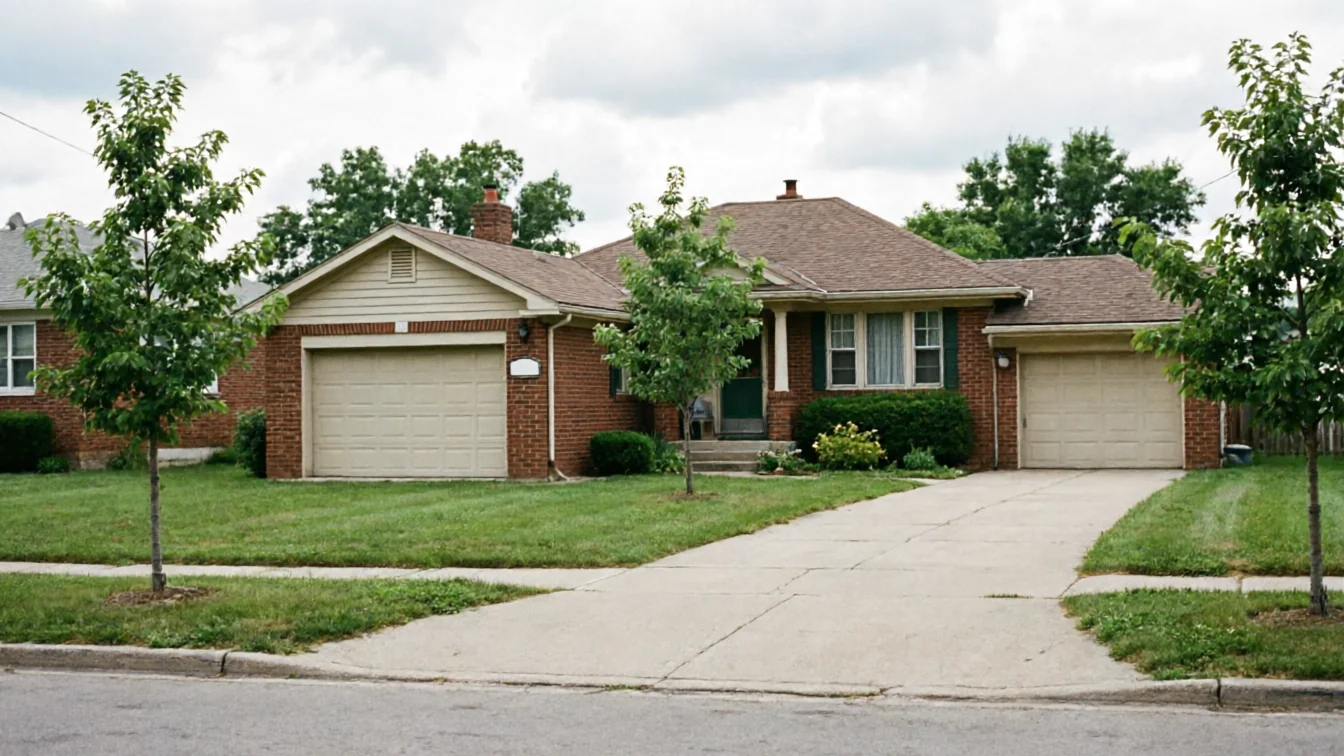 A brick house with two beige garage doors and a green front door.