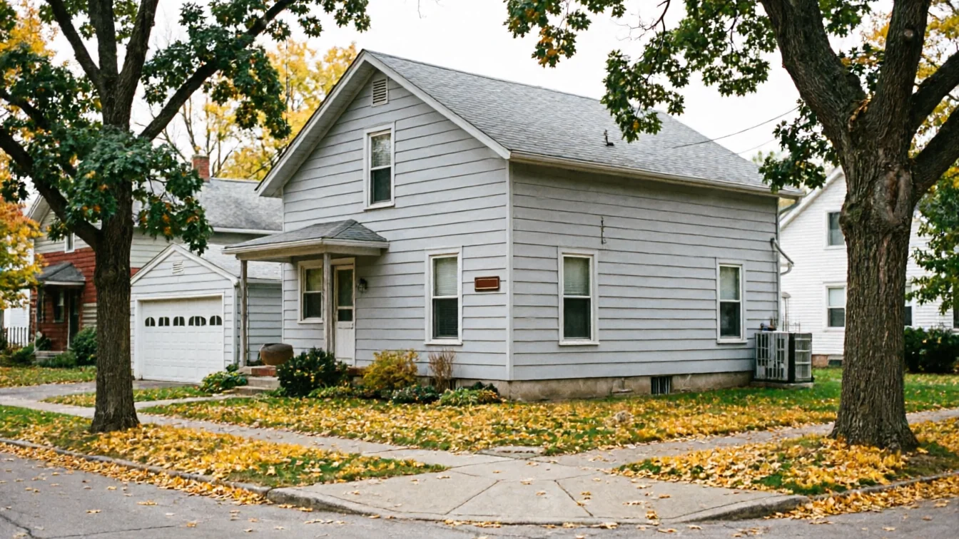 A white garage door with black windows is on a light blue house.